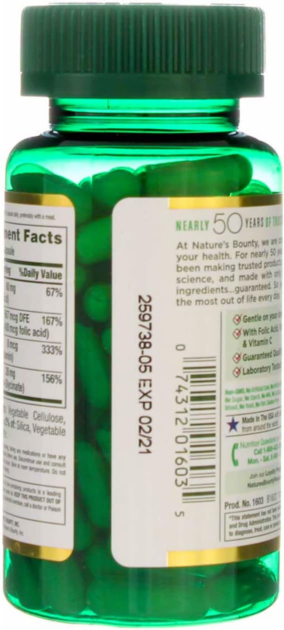 Pack of 5 Nature's Bounty Gentle Iron 28 mg Capsules - 90 Count