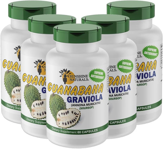 Pack of 5 Sunshine Naturals Graviola Supplement Capsules for Immune Support, Digestive Aid, and Antioxidant Defense
