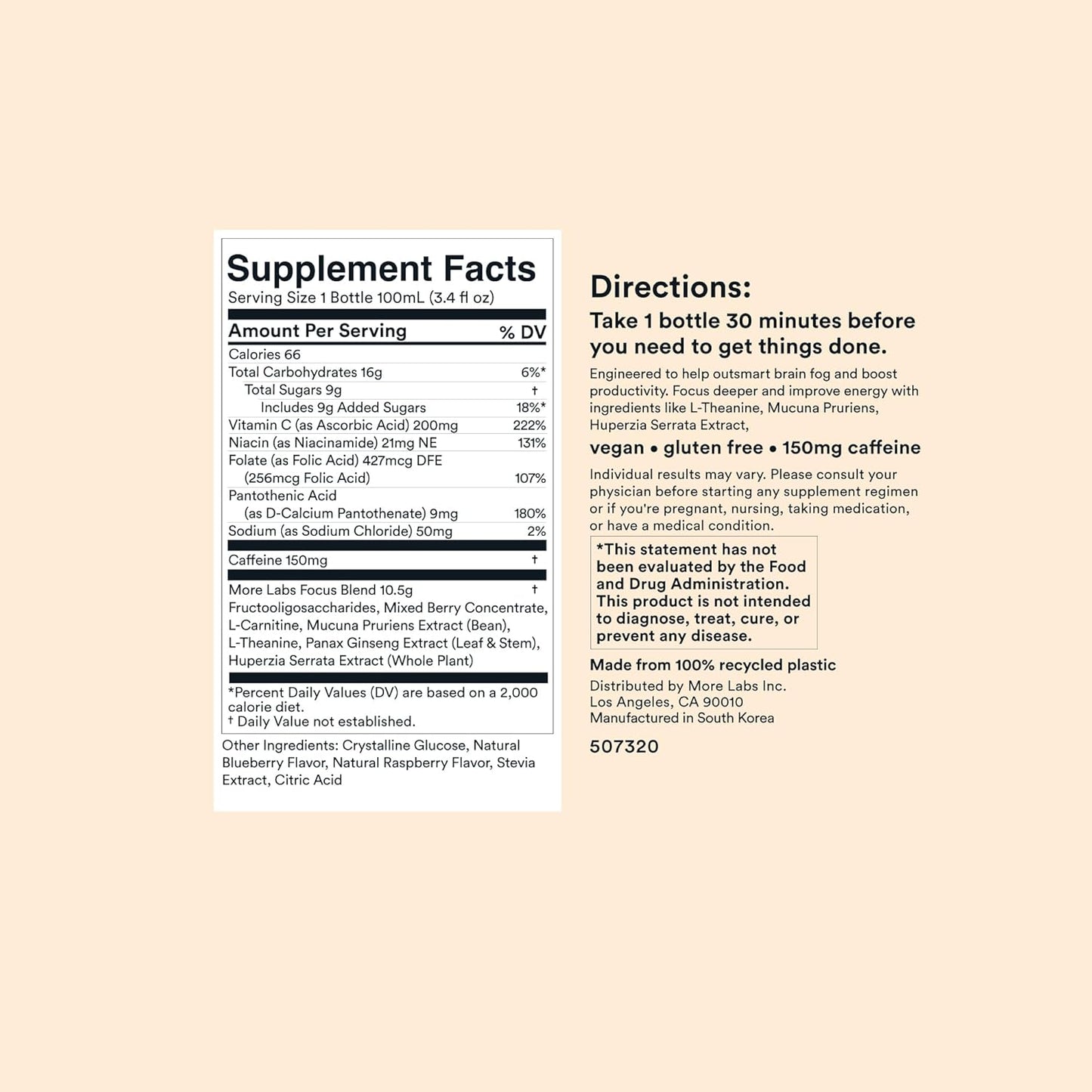 Pack of 6 More Labs Liquid Focus Nootropic Smart Drinks with Antioxidants & Adaptogenic Herbs for Energy & Concentration