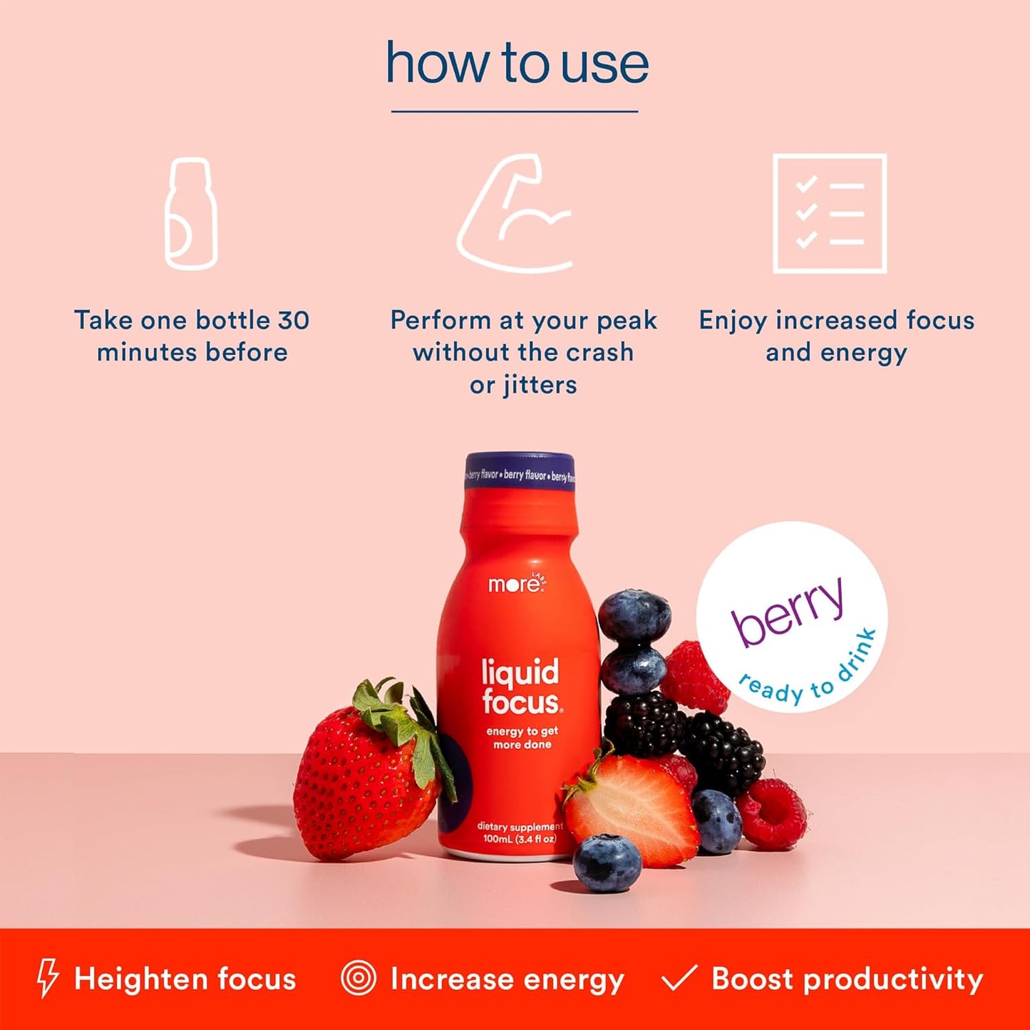 Pack of 6 More Labs Liquid Focus Nootropic Smart Drinks with Antioxidants & Adaptogenic Herbs for Energy & Concentration