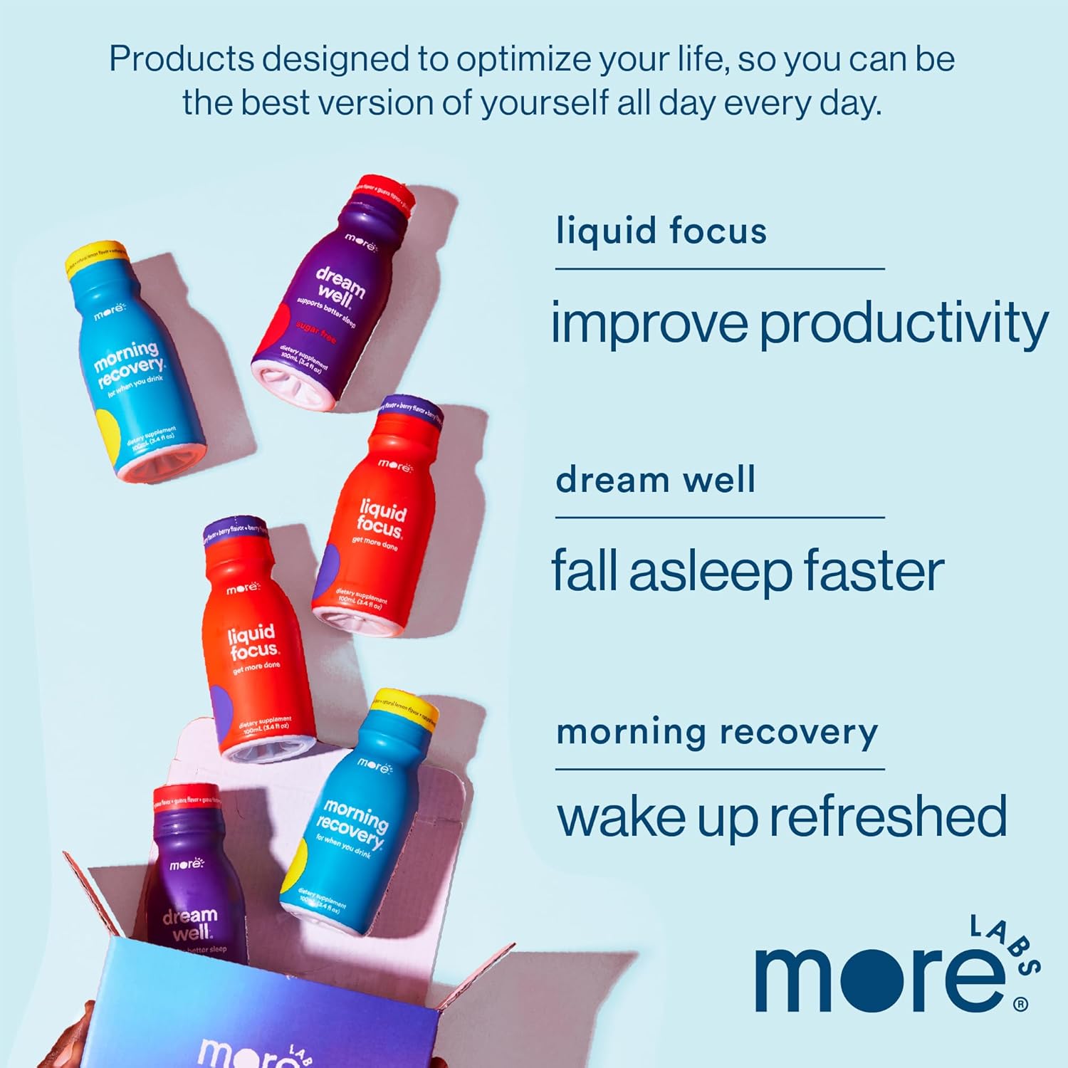 Pack of 6 More Labs Liquid Focus Nootropic Smart Drinks with Antioxidants & Adaptogenic Herbs for Energy & Concentration