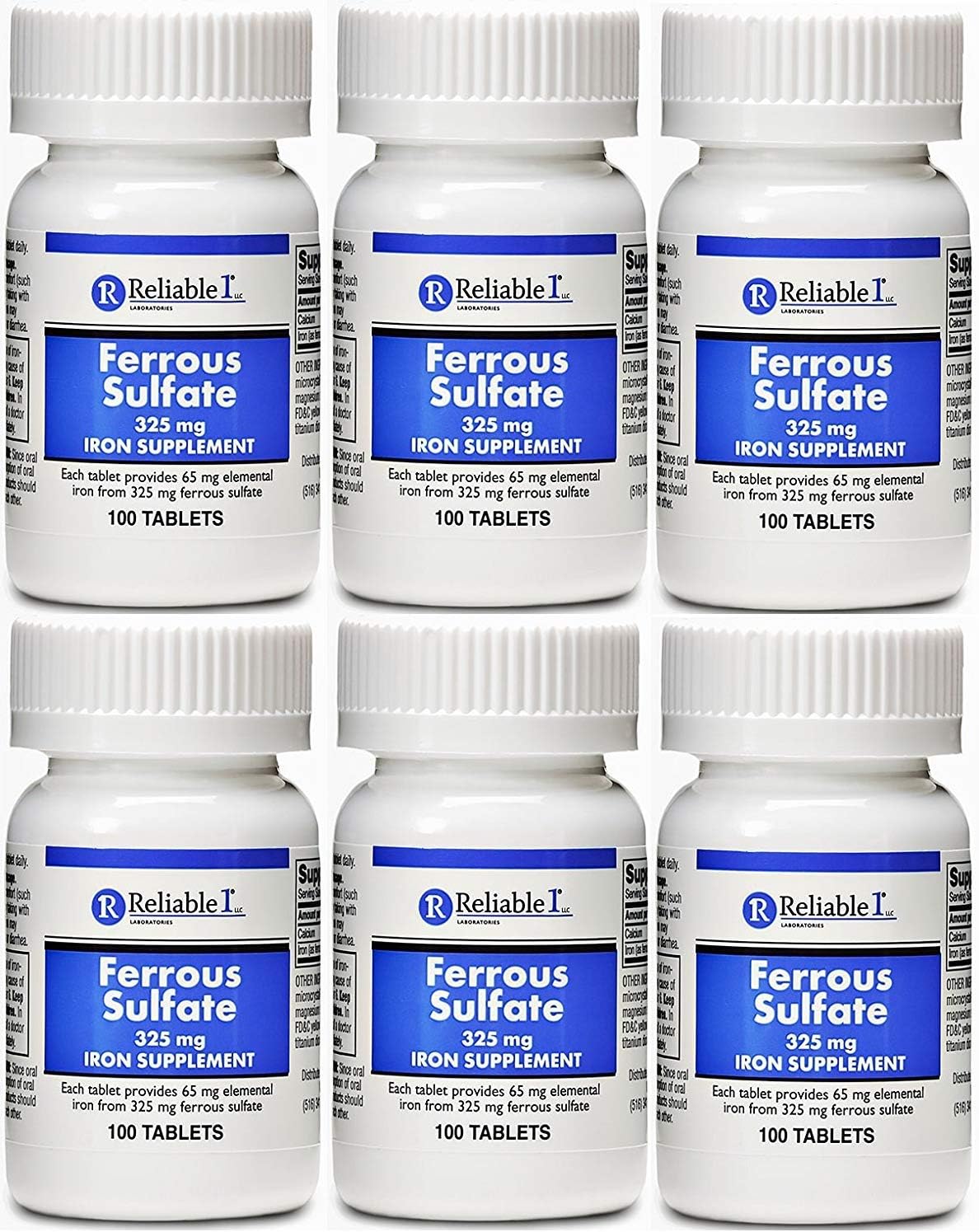 Pack of 6 Reliable-1 Laboratories Ferrous Sulfate Iron 325 mg Tablets - Generic for Feosol