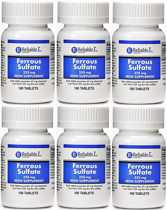 Pack of 6 Reliable-1 Laboratories Ferrous Sulfate Iron 325 mg Tablets - Generic for Feosol