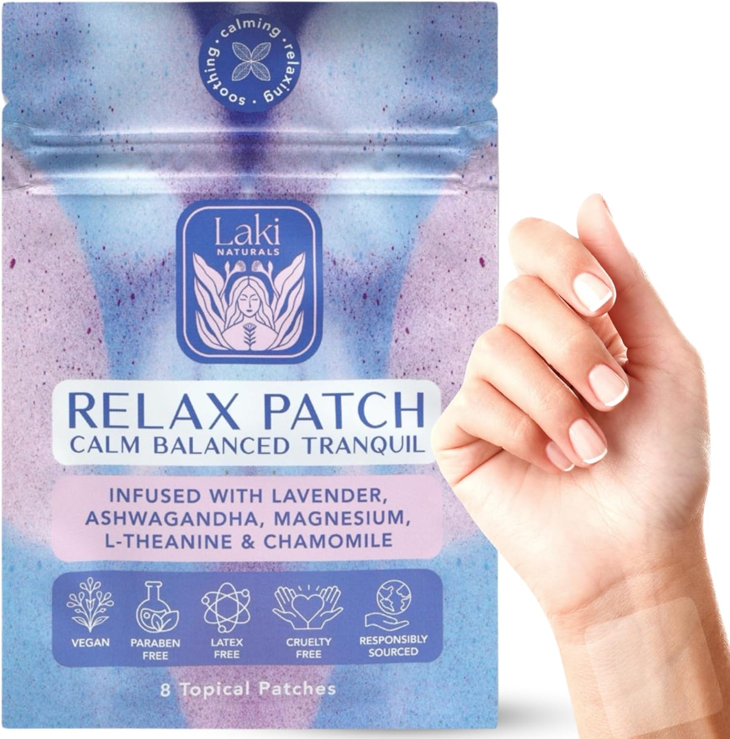 Pack of 8 Laki Naturals Relax Patches with Natural Plant-Based Ingredients for Stress Relief and Better Sleep