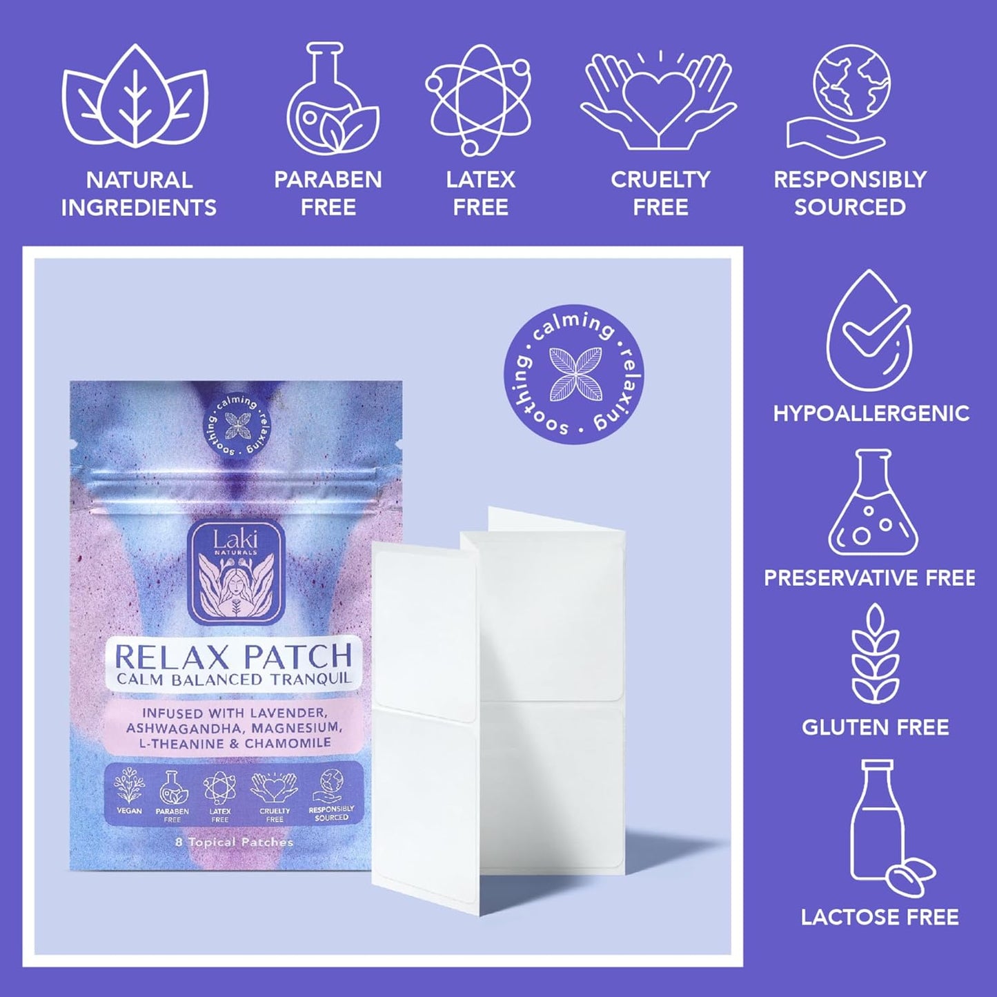 Pack of 8 Laki Naturals Relax Patches with Natural Plant-Based Ingredients for Stress Relief and Better Sleep