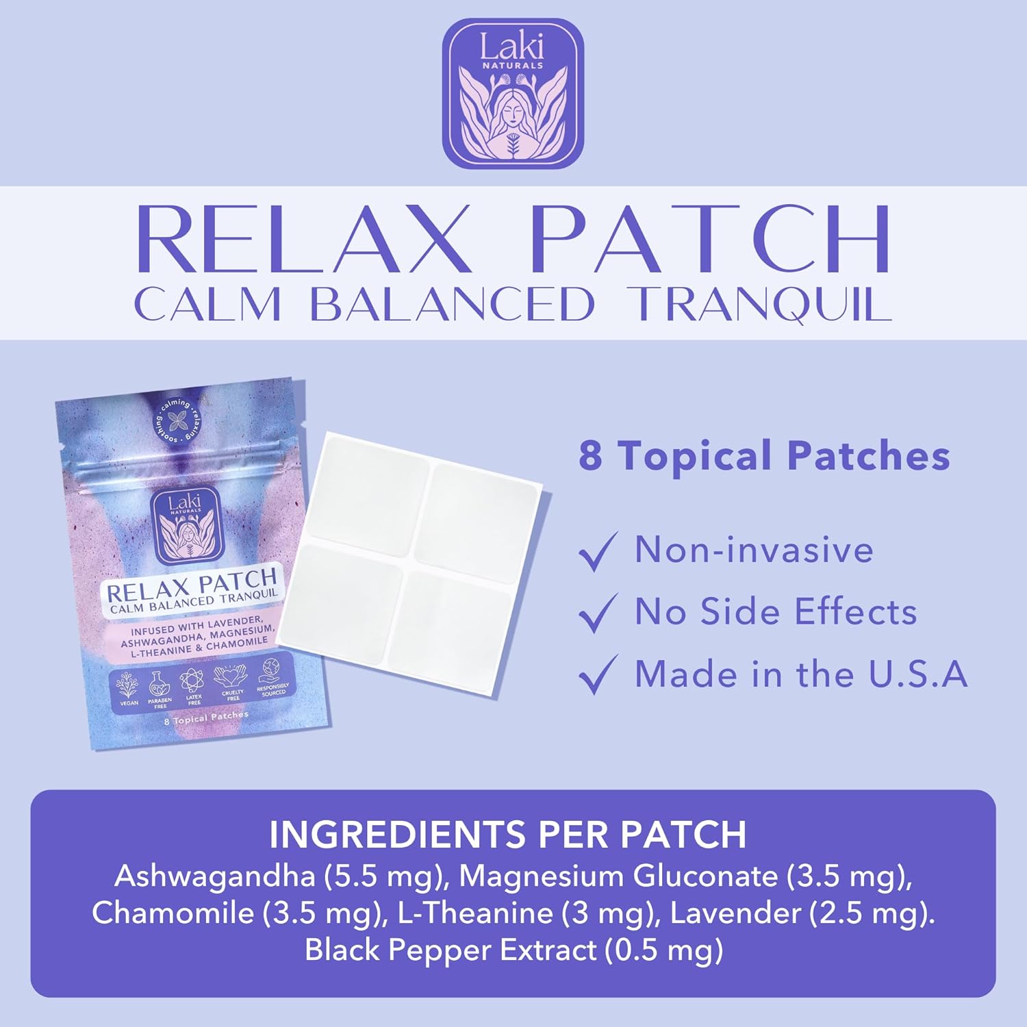 Pack of 8 Laki Naturals Relax Patches with Natural Plant-Based Ingredients for Stress Relief and Better Sleep
