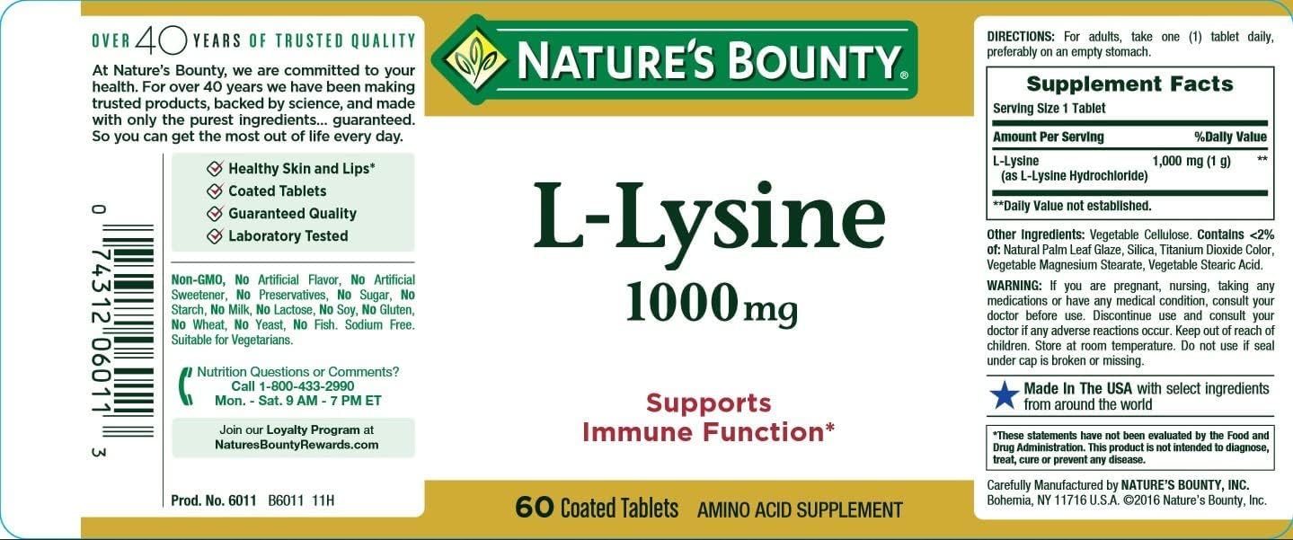 Pack of 9 Nature's Bounty L-Lysine 1000 mg Tablets - 60 ea per Pack