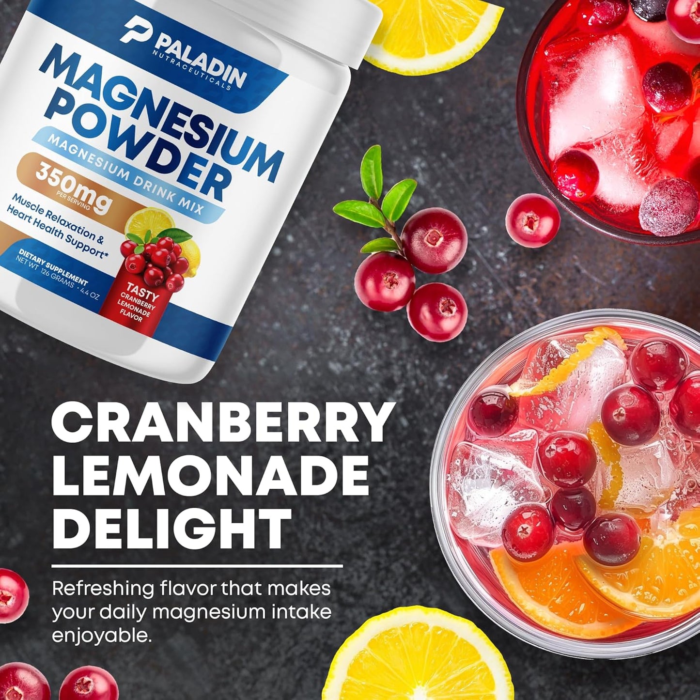 Paladin Nutraceuticals Magnesium Citrate Powder for Relaxation, Muscle & Heart Support - Cranberry Lemonade Flavor - 30 Servings