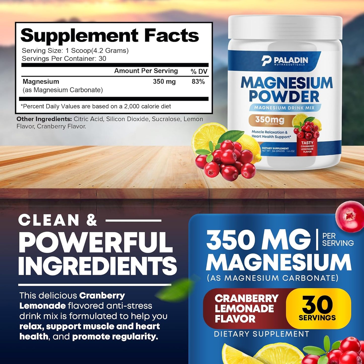 Paladin Nutraceuticals Magnesium Citrate Powder for Relaxation, Muscle & Heart Support - Cranberry Lemonade Flavor - 30 Servings