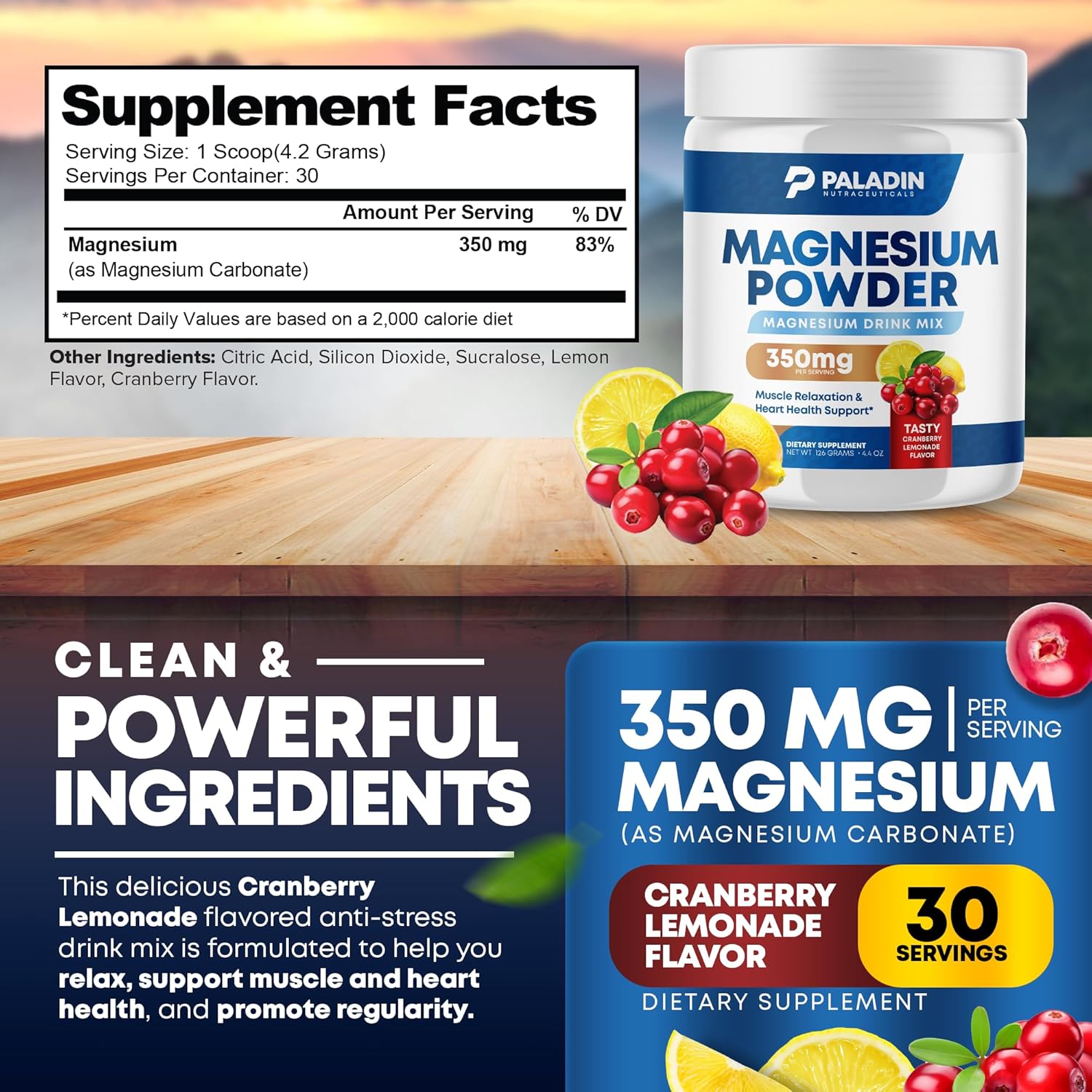 Paladin Nutraceuticals Magnesium Citrate Powder for Relaxation, Muscle & Heart Support - Cranberry Lemonade Flavor - 30 Servings