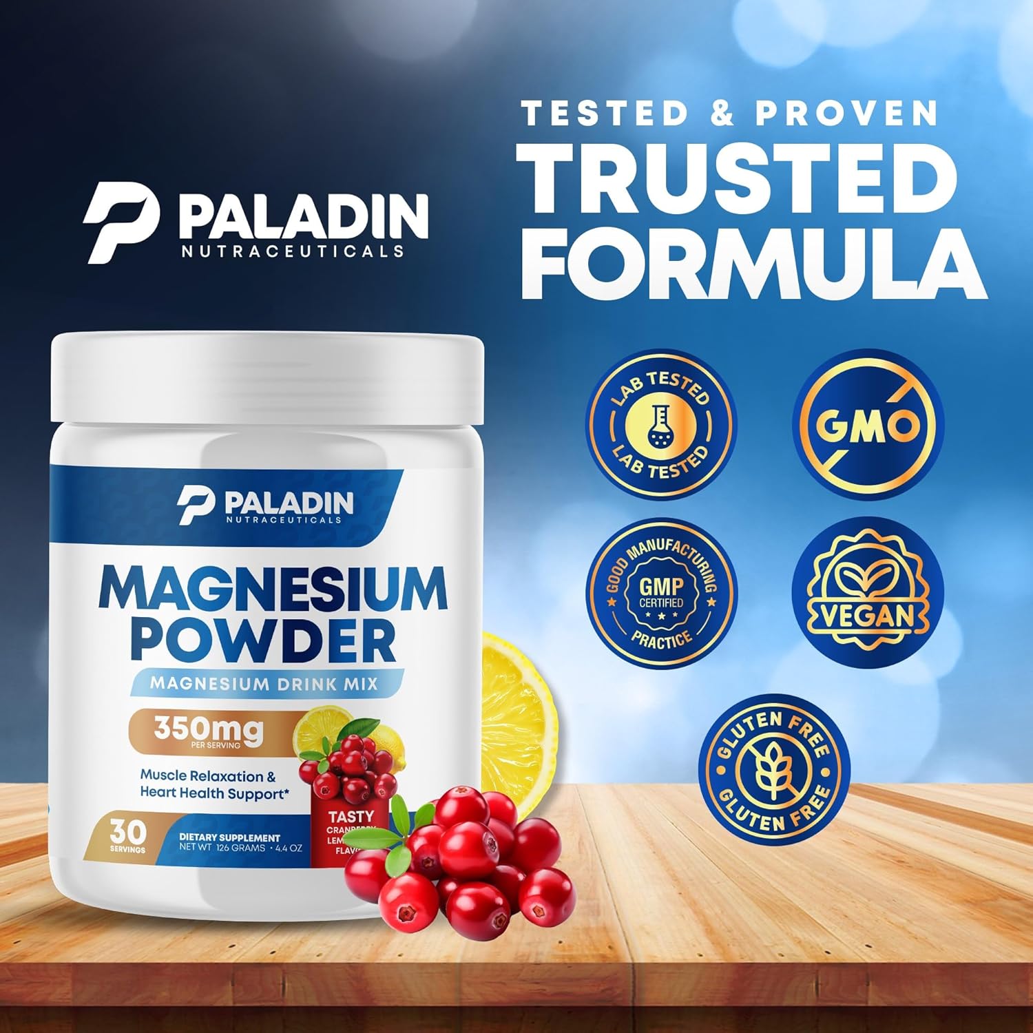 Paladin Nutraceuticals Magnesium Citrate Powder for Relaxation, Muscle & Heart Support - Cranberry Lemonade Flavor - 30 Servings