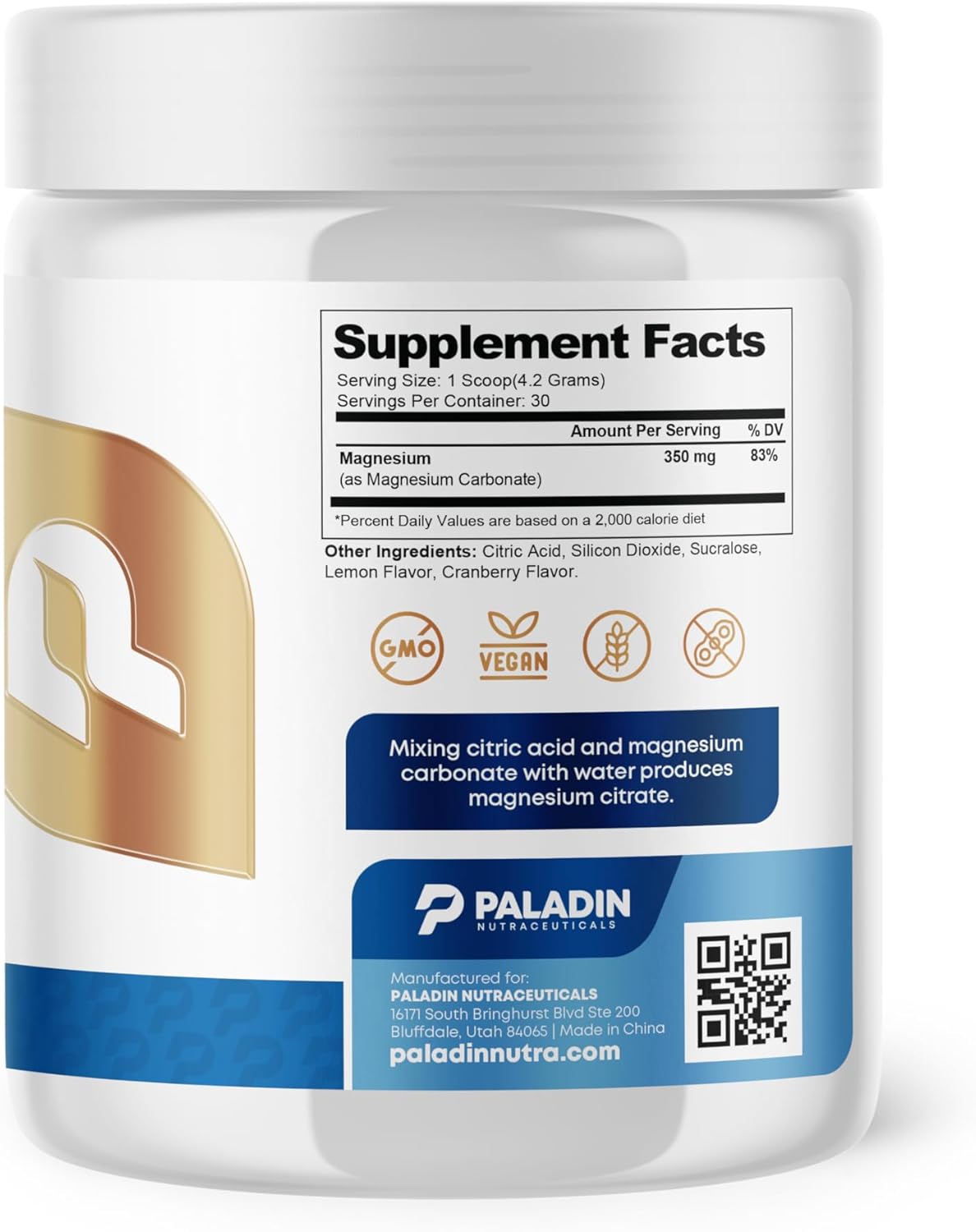 Paladin Nutraceuticals Magnesium Citrate Powder for Relaxation, Muscle & Heart Support - Cranberry Lemonade Flavor - 30 Servings