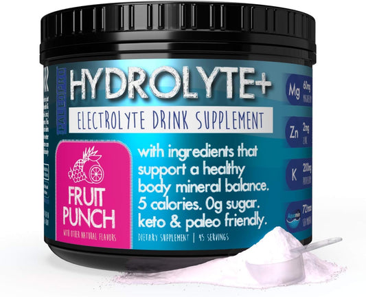 Paleo Pro HYDROLYTE+ Electrolyte Powder Drink Mix - Fruit Punch Flavor, Keto & Paleo Friendly, Sugar-Free, 45 Servings