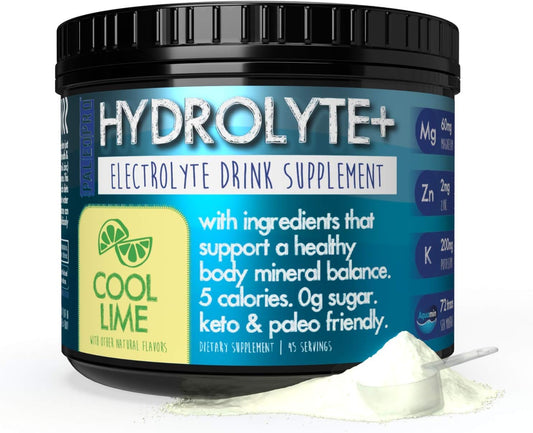 Paleo Pro HYDROLYTE+ Electrolyte Powder Drink Mix - Cool Lime Flavor, Keto & Paleo Friendly, 0g Sugar, 1g Carb, 45 Servings