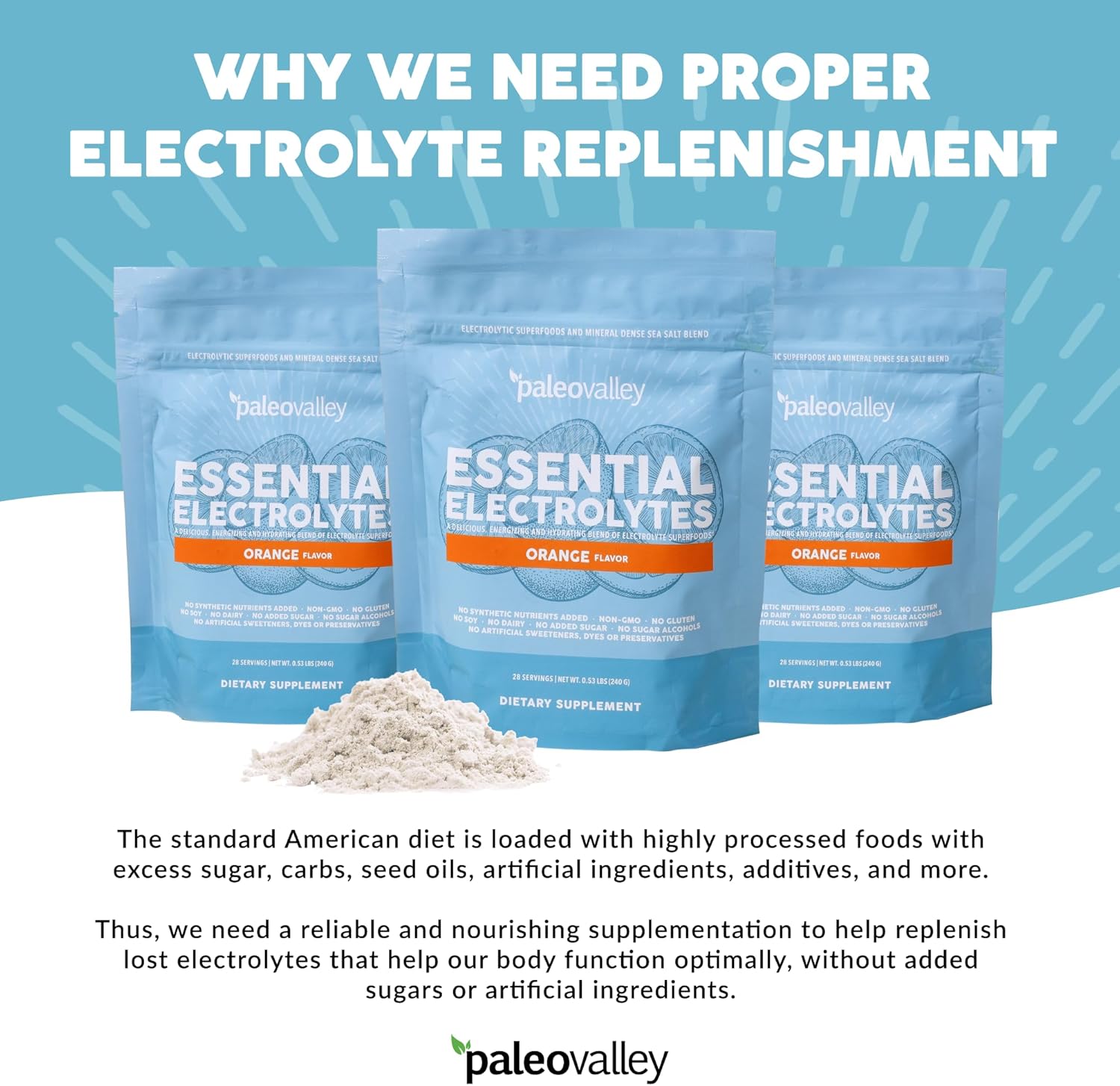 Paleovalley Full Spectrum Orange Electrolyte Powder - Hydration, Energy, Muscle Recovery - No Sugar - 28 Servings