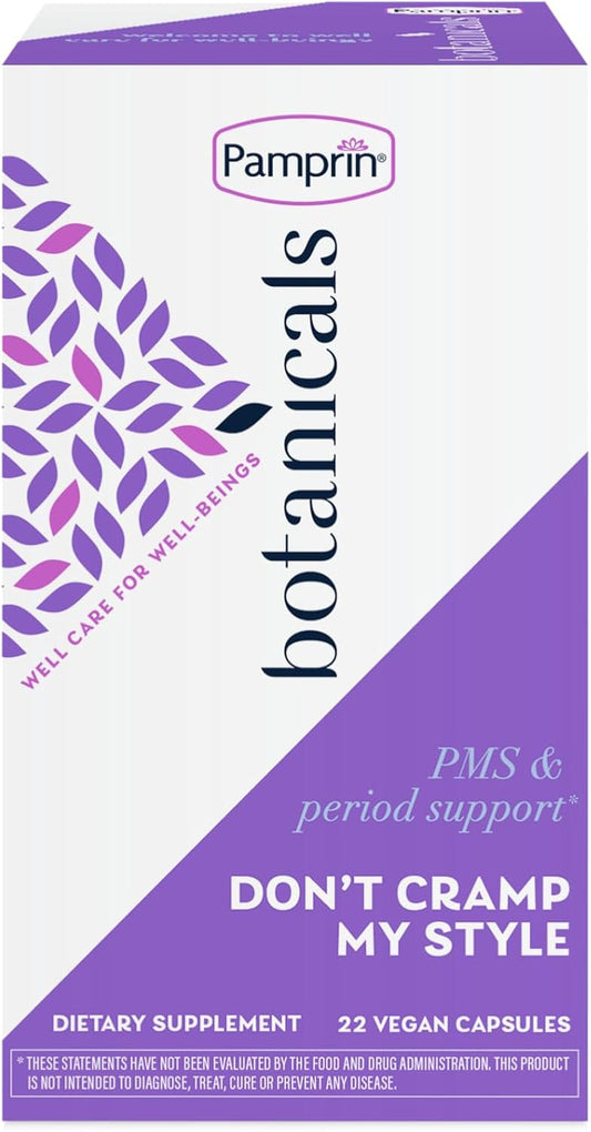 Pamprin Botanicals PMS & Period Support Supplement with Ashwagandha, Magnesium, Turmeric, Vitamin B6, Chasteberry - 22 Count