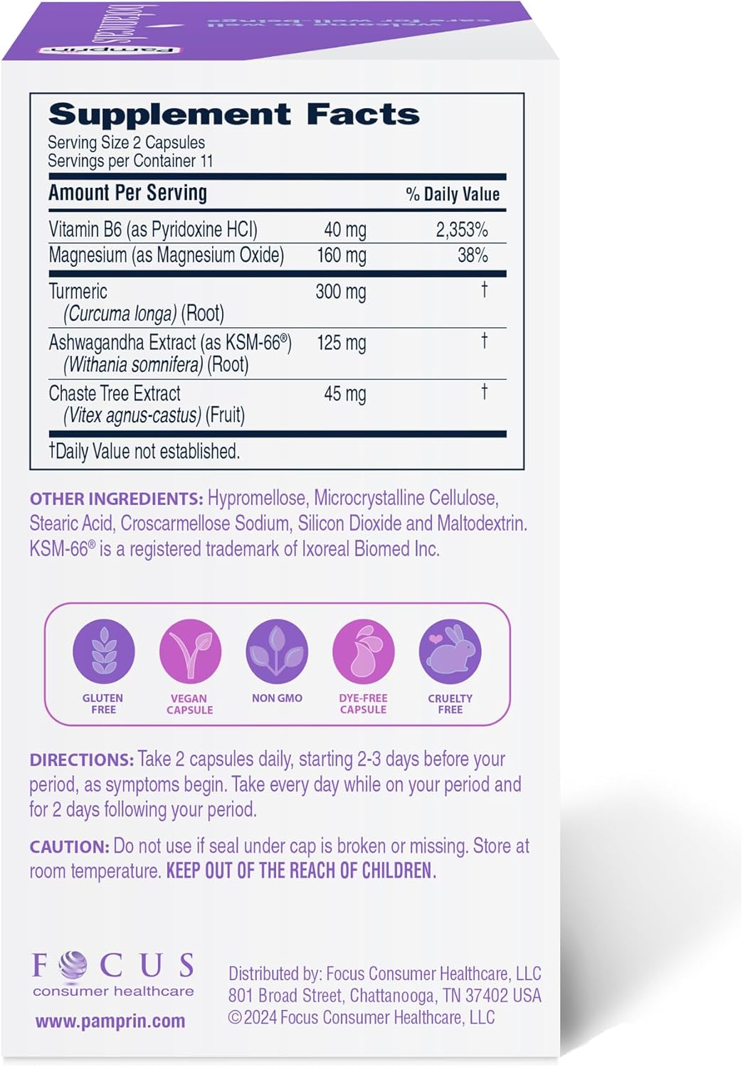 Pamprin Botanicals PMS & Period Support Supplement with Ashwagandha, Magnesium, Turmeric, Vitamin B6, Chasteberry - 22 Count