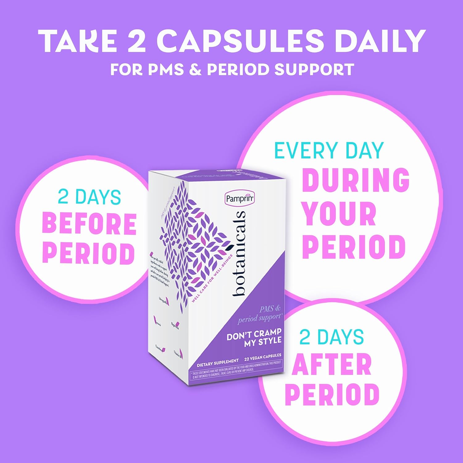 Pamprin Botanicals PMS & Period Support Supplement with Ashwagandha, Magnesium, Turmeric, Vitamin B6, Chasteberry - 22 Count