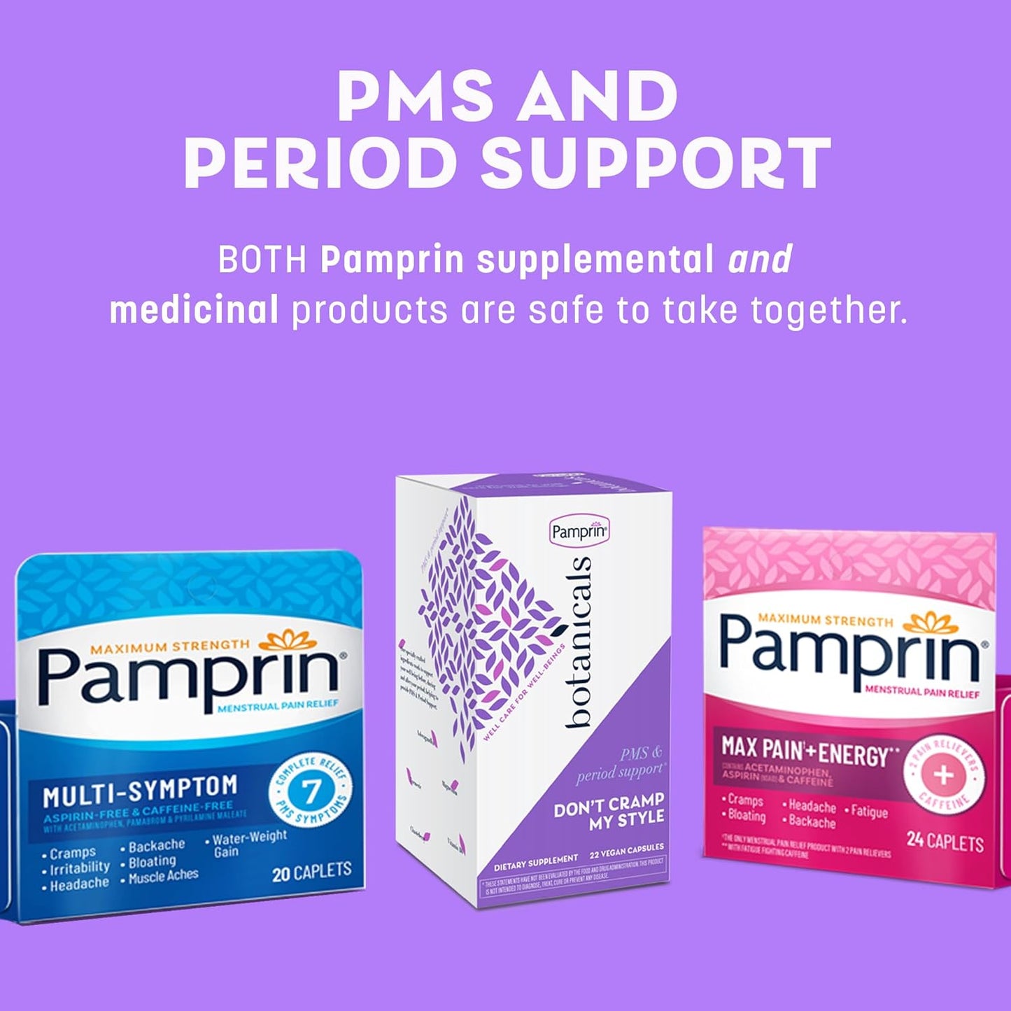 Pamprin Botanicals PMS & Period Support Supplement with Ashwagandha, Magnesium, Turmeric, Vitamin B6, Chasteberry - 22 Count