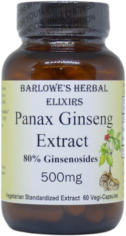 Panax Ginseng Extract Capsules - 80% Ginsenosides for Stamina, Focus, and Vitality - 60 VegiCaps - 500mg Per Capsule - Glass Bottled
