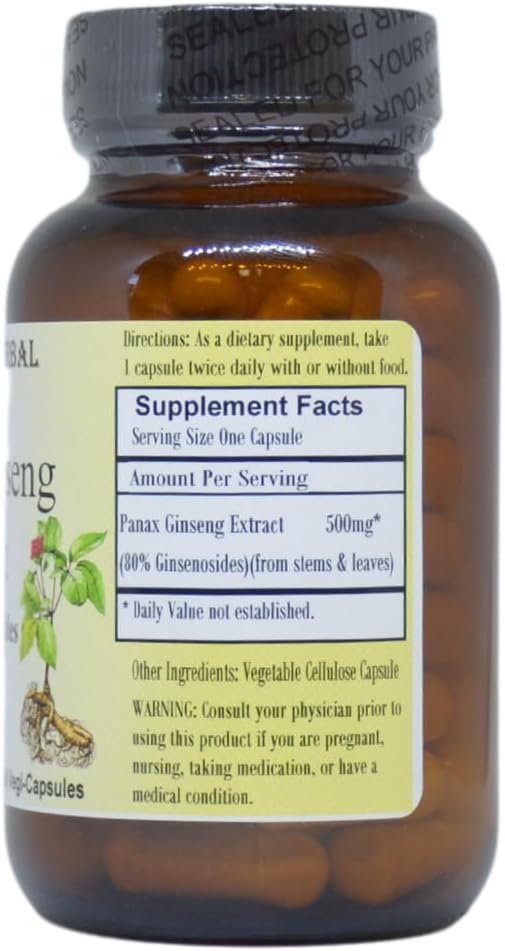 Panax Ginseng Extract Capsules - 80% Ginsenosides for Stamina, Focus, and Vitality - 60 VegiCaps - 500mg Per Capsule - Glass Bottled