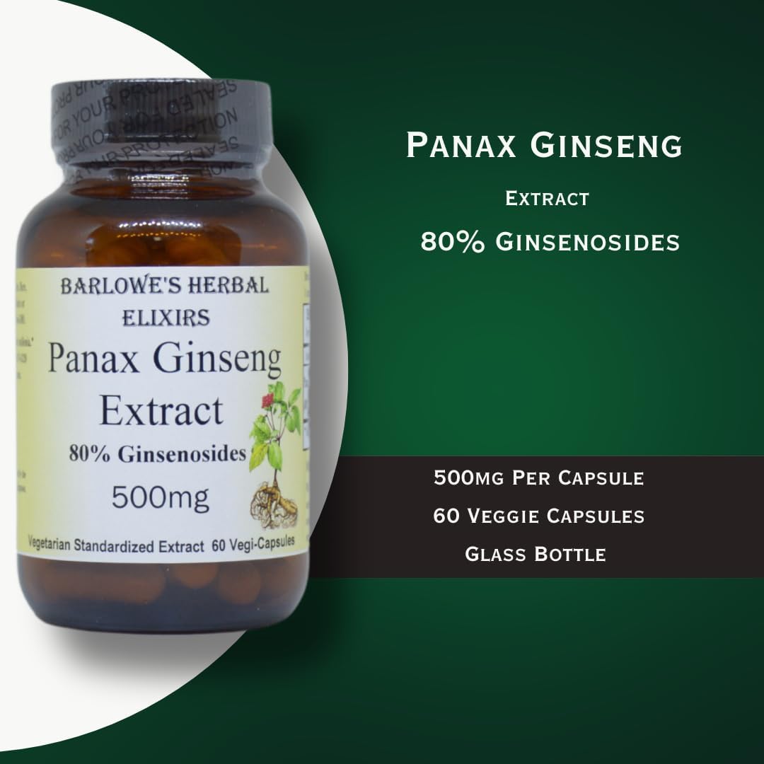 Panax Ginseng Extract Capsules - 80% Ginsenosides for Stamina, Focus, and Vitality - 60 VegiCaps - 500mg Per Capsule - Glass Bottled