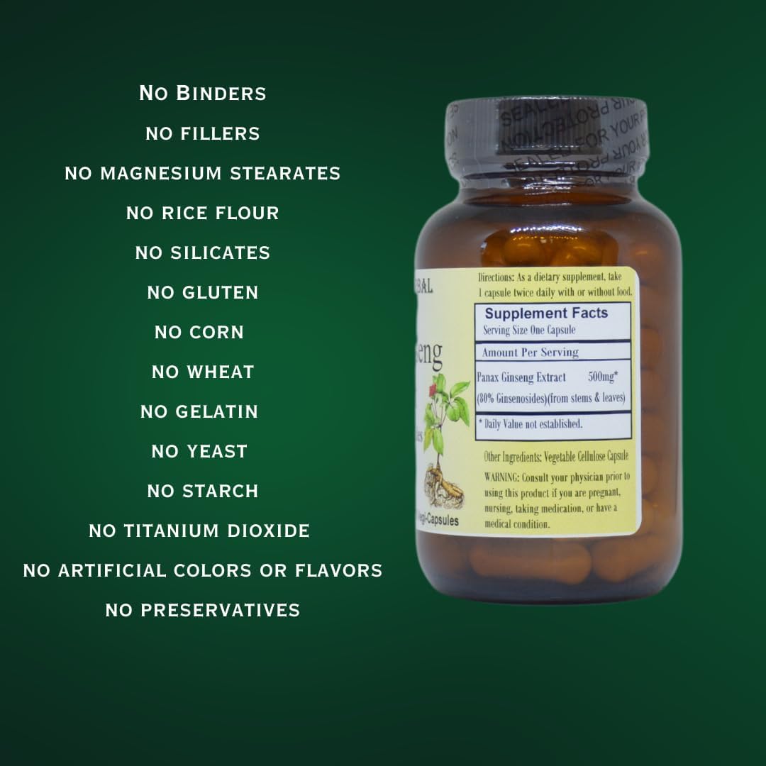 Panax Ginseng Extract Capsules - 80% Ginsenosides for Stamina, Focus, and Vitality - 60 VegiCaps - 500mg Per Capsule - Glass Bottled