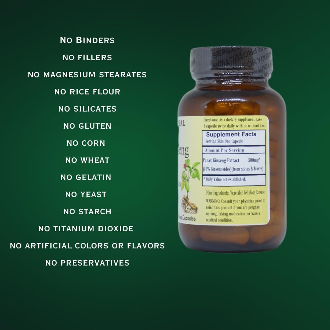 Panax Ginseng Extract Capsules - 80% Ginsenosides for Stamina, Focus, and Vitality - 60 VegiCaps - 500mg Per Capsule - Glass Bottled