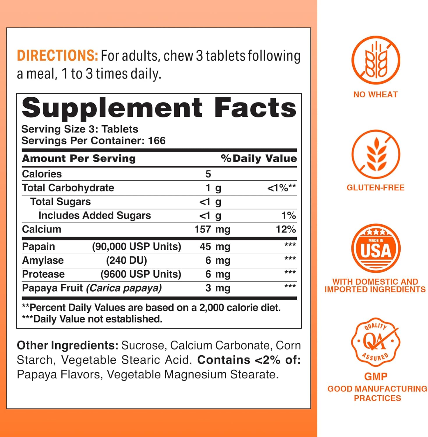 Papaya Enzymes Chewable Tablets - Digestive Aid with Papain, Amylase & Protease, Papaya Flavor, Gluten Free, 500 Count