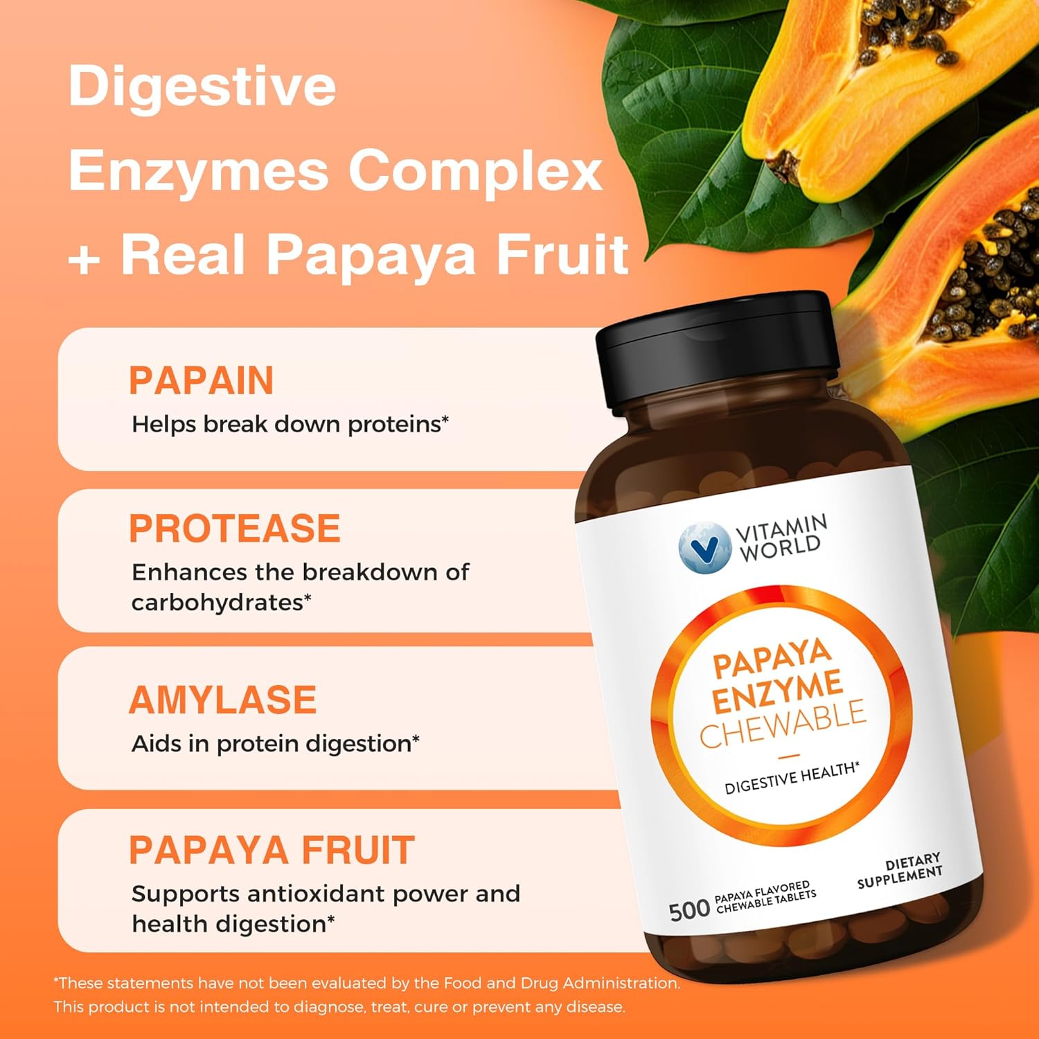 Papaya Enzymes Chewable Tablets - Digestive Aid with Papain, Amylase & Protease, Papaya Flavor, Gluten Free, 500 Count