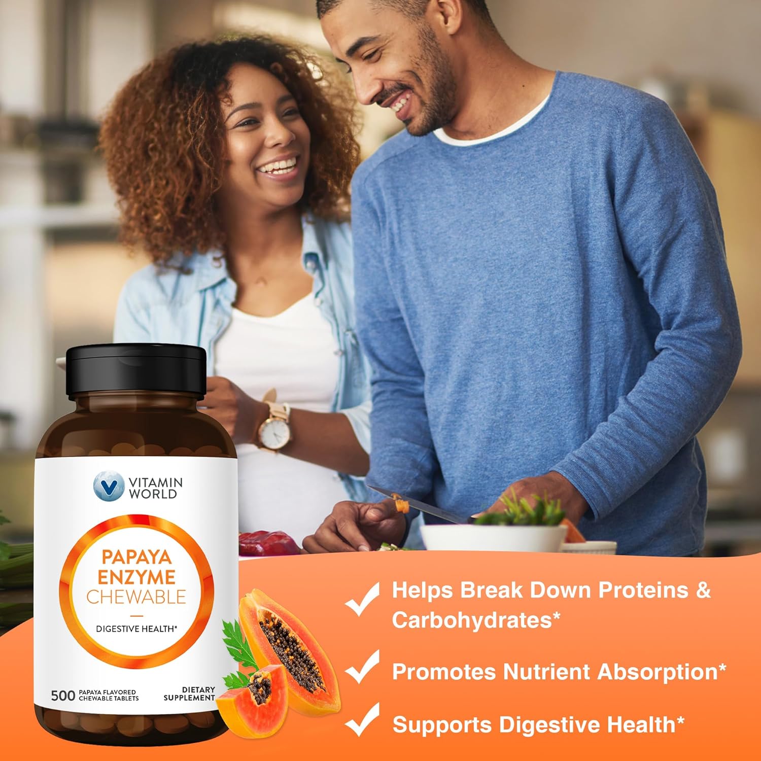 Papaya Enzymes Chewable Tablets - Digestive Aid with Papain, Amylase & Protease, Papaya Flavor, Gluten Free, 500 Count