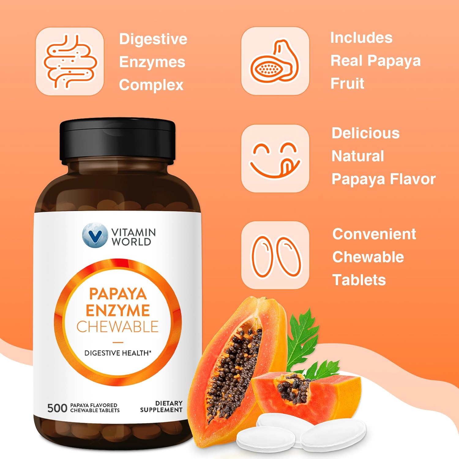 Papaya Enzymes Chewable Tablets - Digestive Aid with Papain, Amylase & Protease, Papaya Flavor, Gluten Free, 500 Count