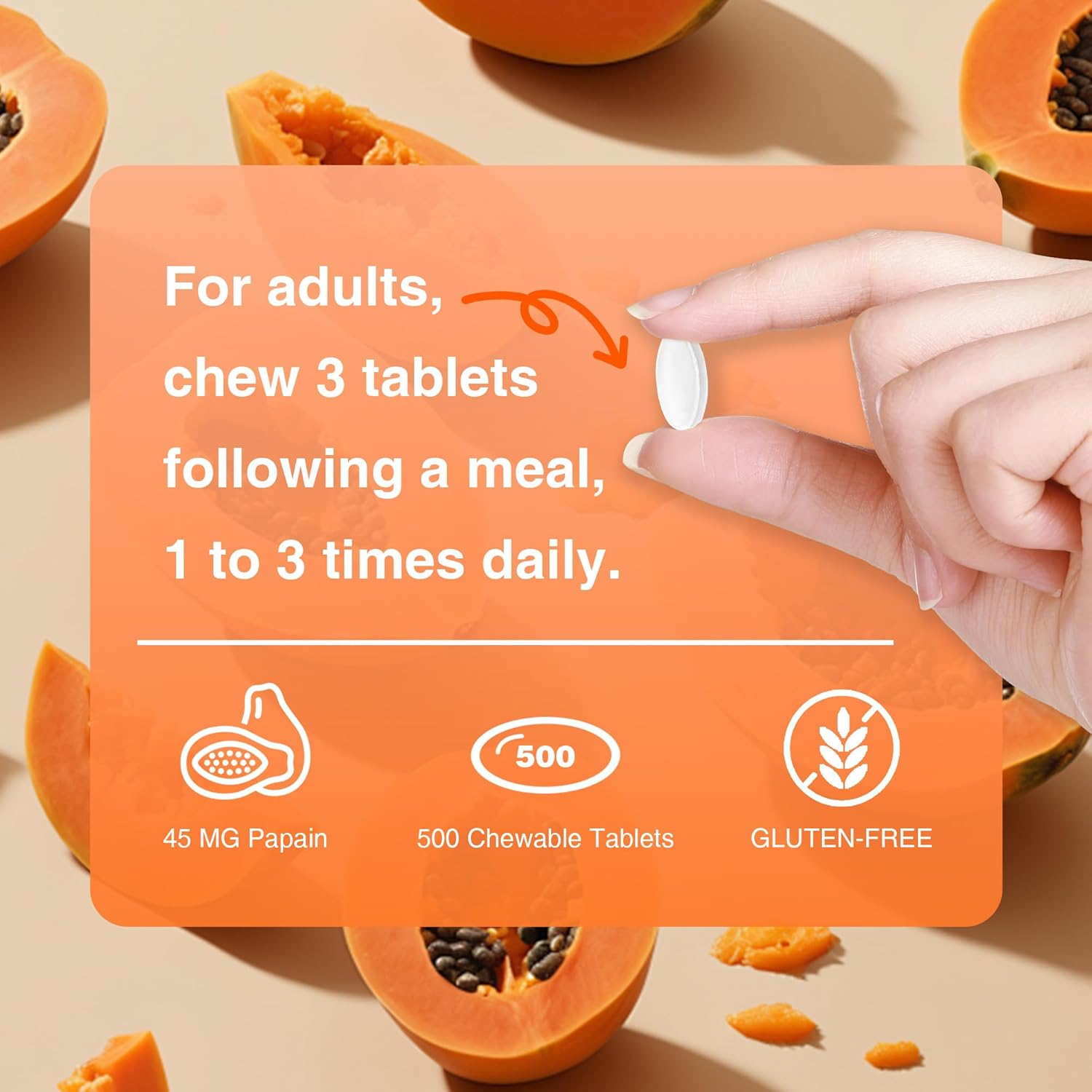 Papaya Enzymes Chewable Tablets - Digestive Aid with Papain, Amylase & Protease, Papaya Flavor, Gluten Free, 500 Count