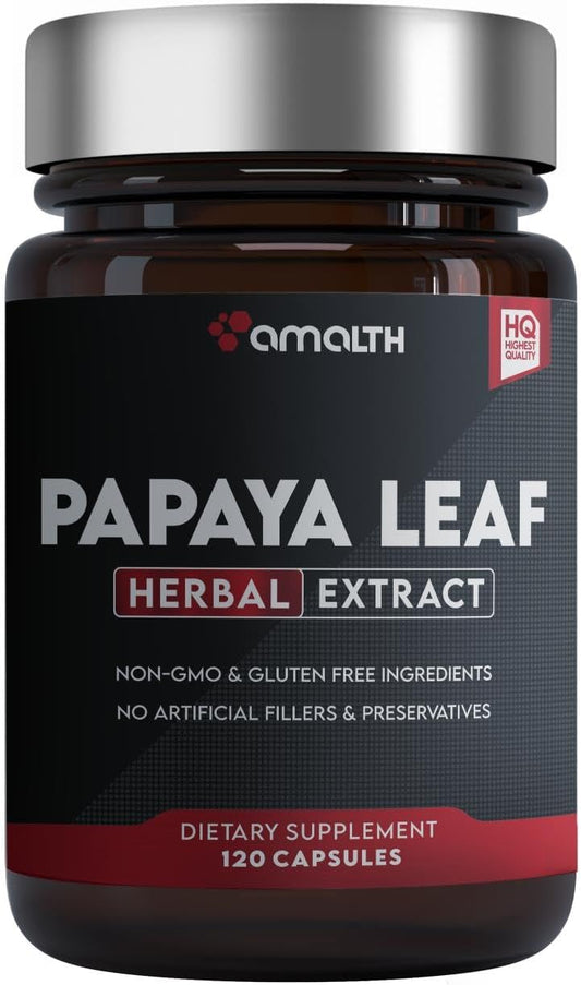 Papaya Leaf Extract Enzymes 10x Strength Capsules for Digestive, Immune & Blood Health - 90ct USA Developed by Amalth