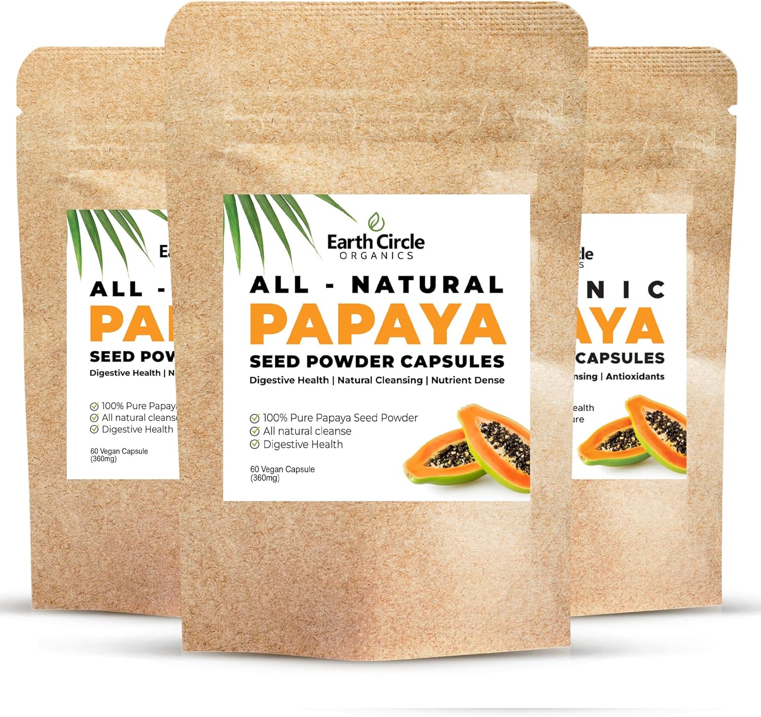 Papaya Seed Powder Capsules - High-Potency Papain Digestive Supplement - 60 Vegan Capsules x 3 - Earth Circle Organics