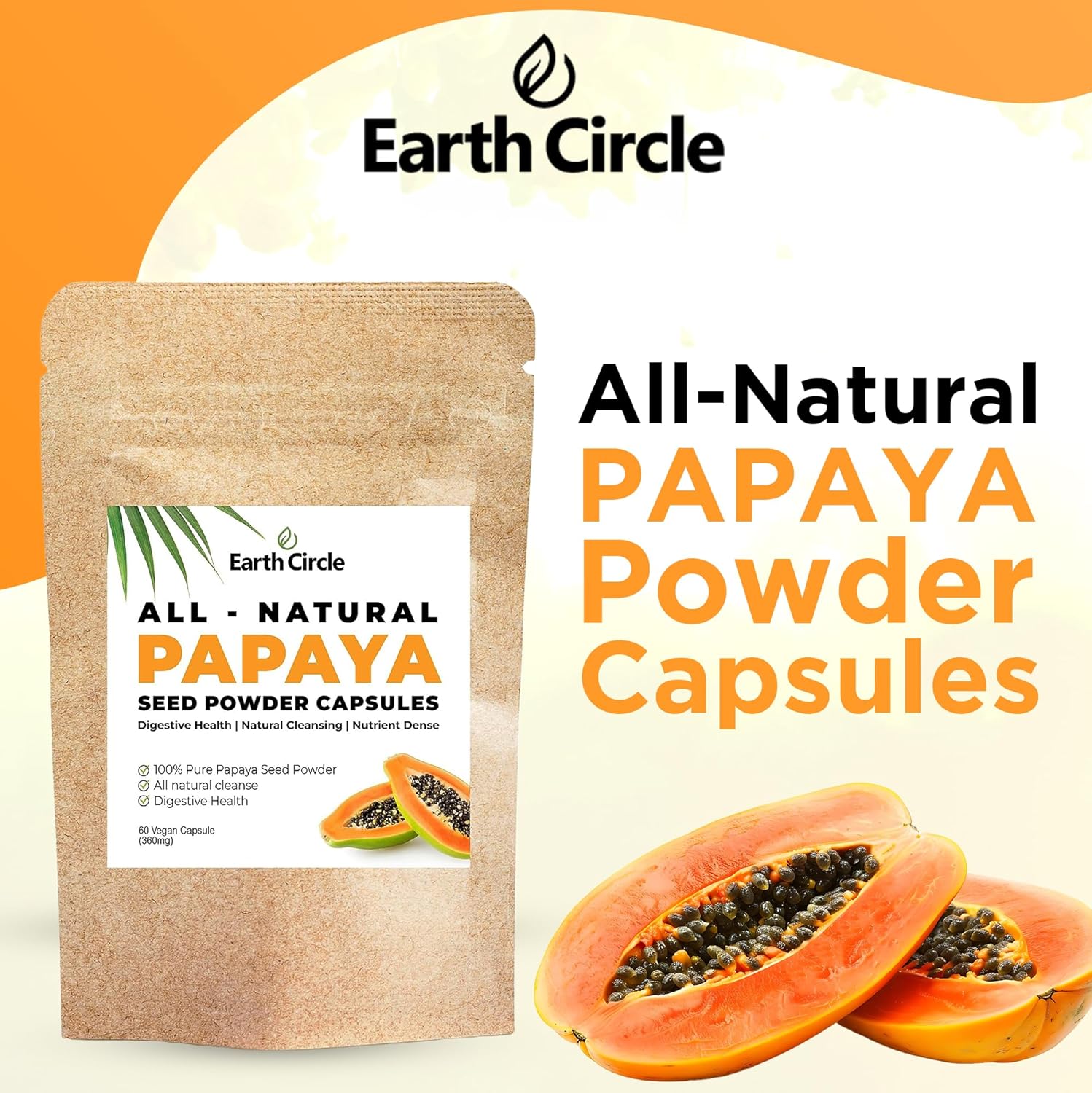 Papaya Seed Powder Capsules - High-Potency Papain Digestive Supplement - 60 Vegan Capsules x 3 - Earth Circle Organics