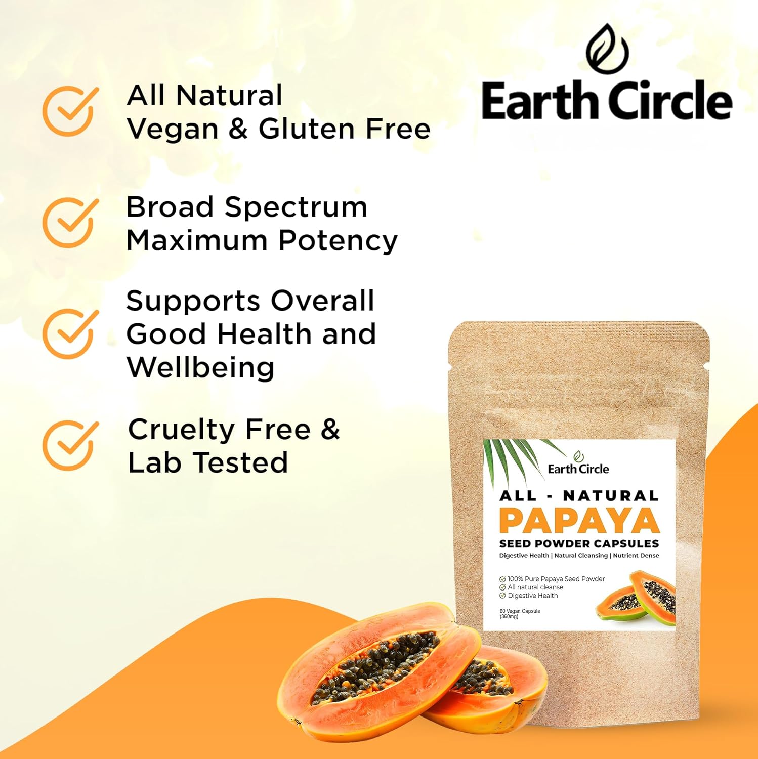 Papaya Seed Powder Capsules - High-Potency Papain Digestive Supplement - 60 Vegan Capsules x 3 - Earth Circle Organics