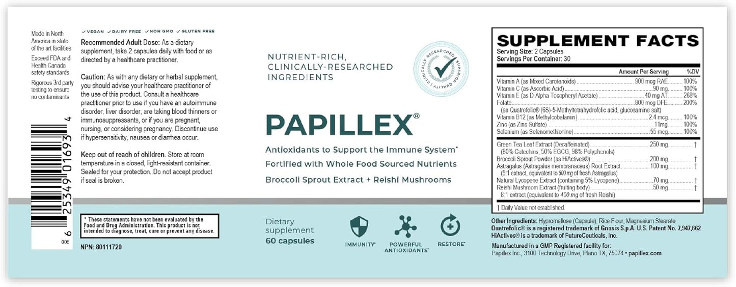 Papillex Dietary Supplement Tablets - Natural Immune Support - Defense Booster - Organic 60 Capsules (6 Pack)