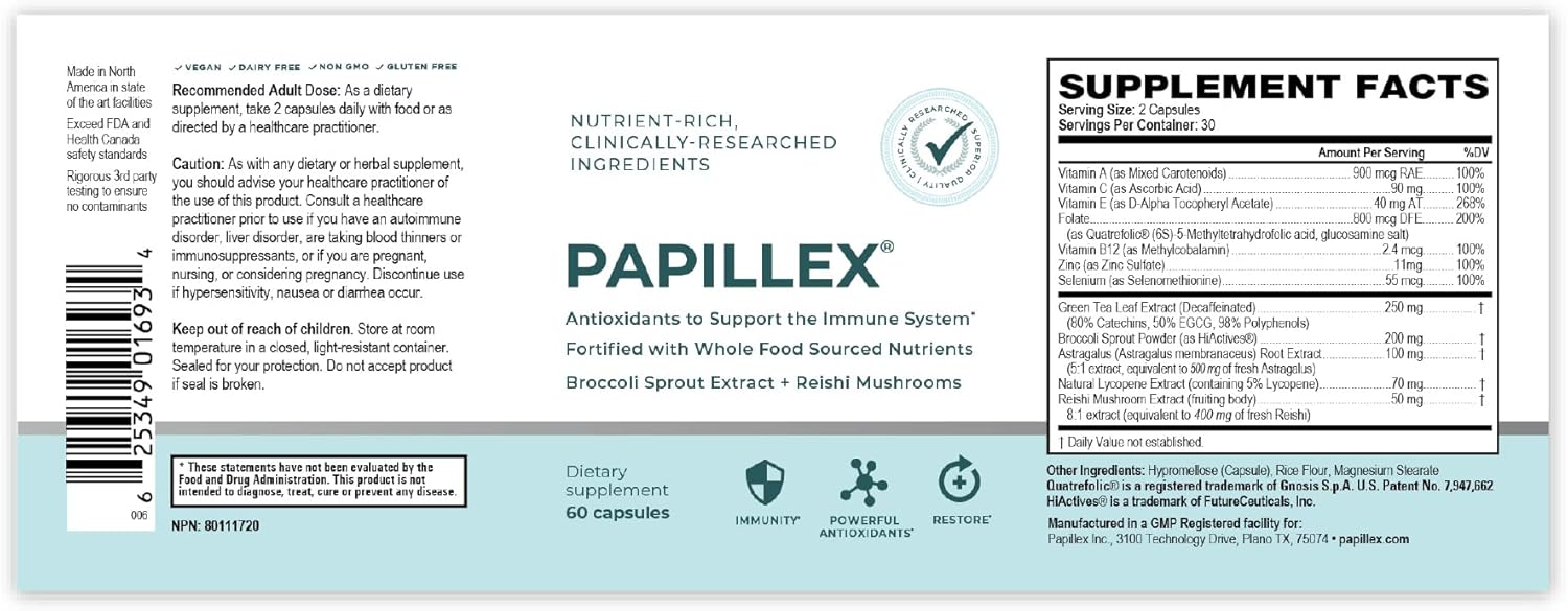 Papillex Dietary Supplement Tablets - Natural Immune Support - Defense Booster - Organic 60 Capsules (6 Pack)