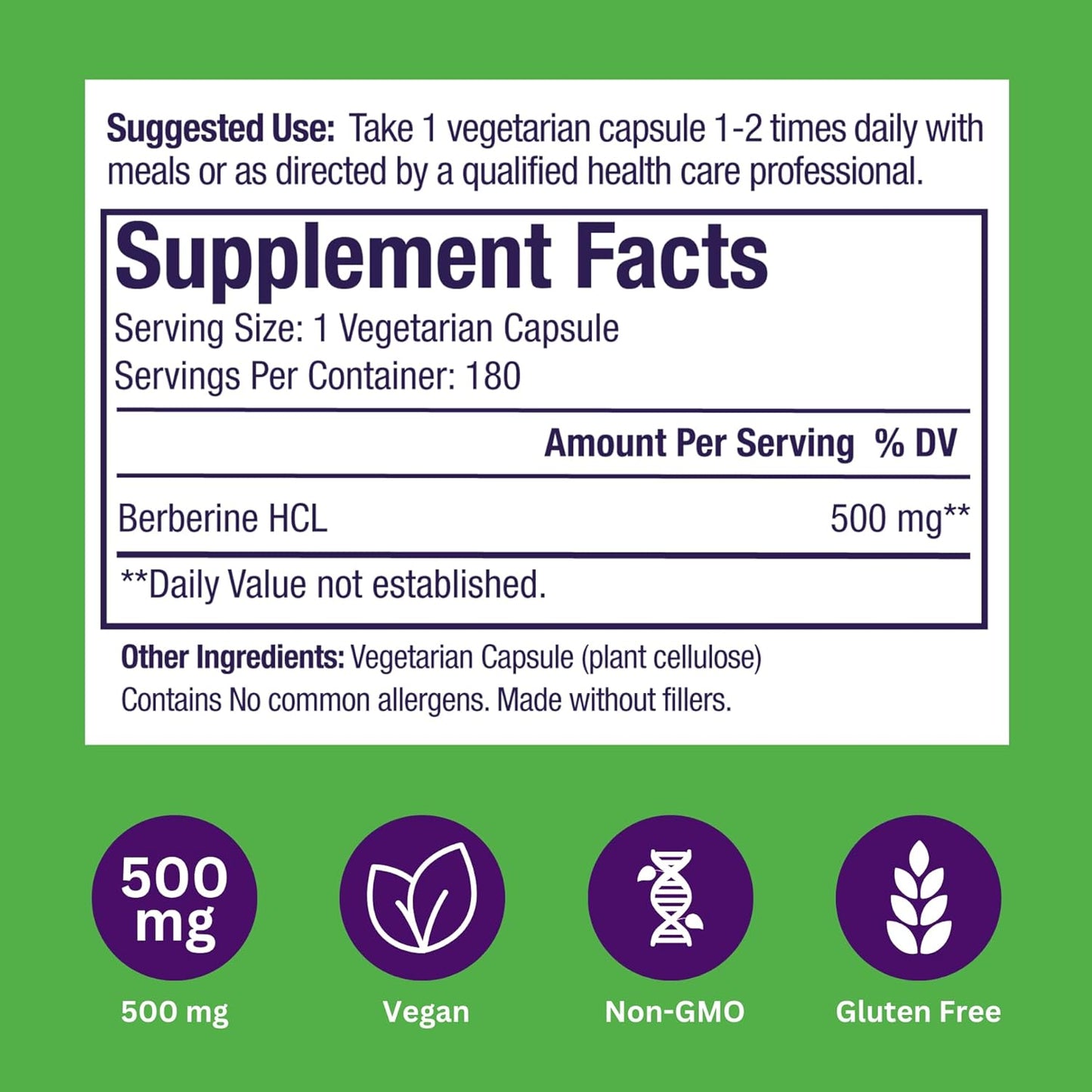 Paradise Herbs Berberine Extract 500mg Supplement - Vegan, Non-GMO, Gluten-Free - 180 Capsules