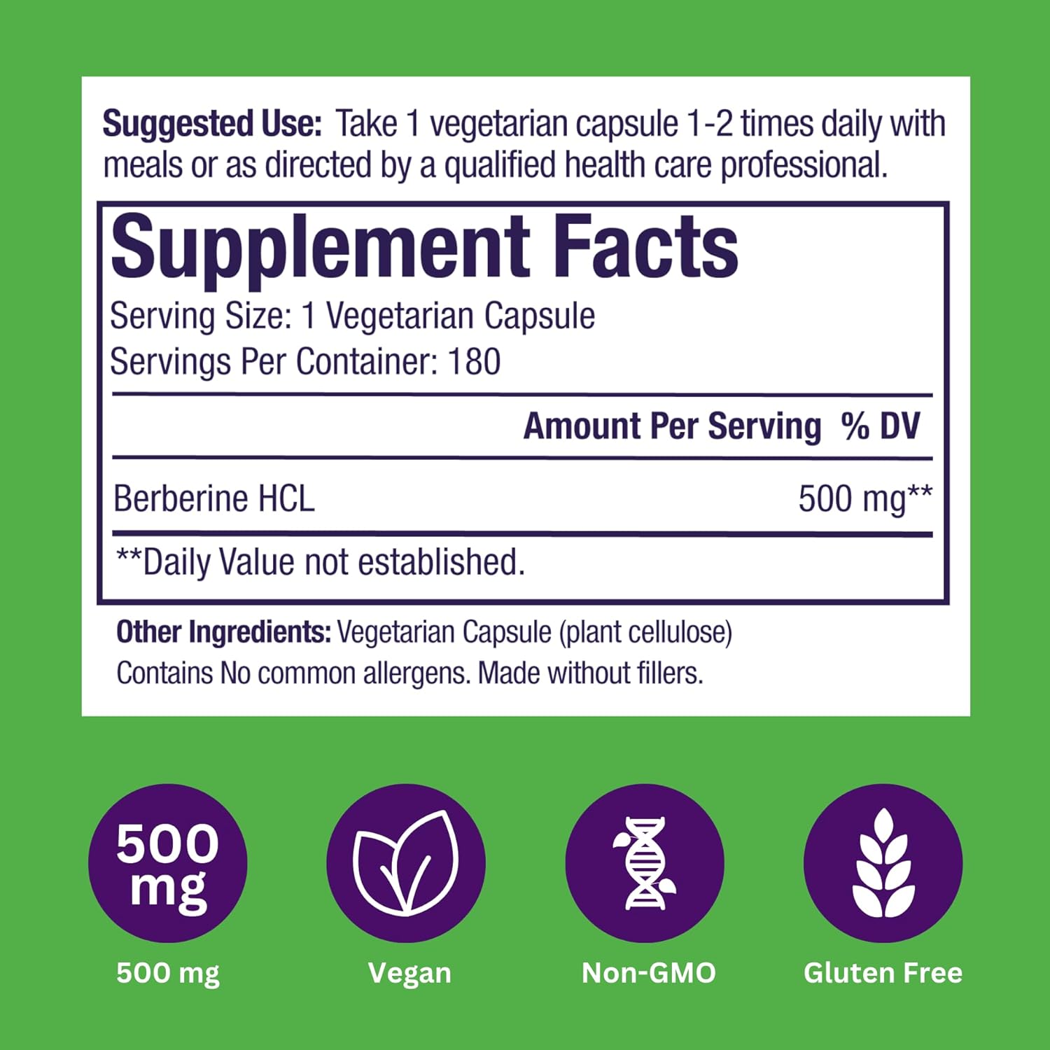 Paradise Herbs Berberine Extract 500mg Supplement - Vegan, Non-GMO, Gluten-Free - 180 Capsules