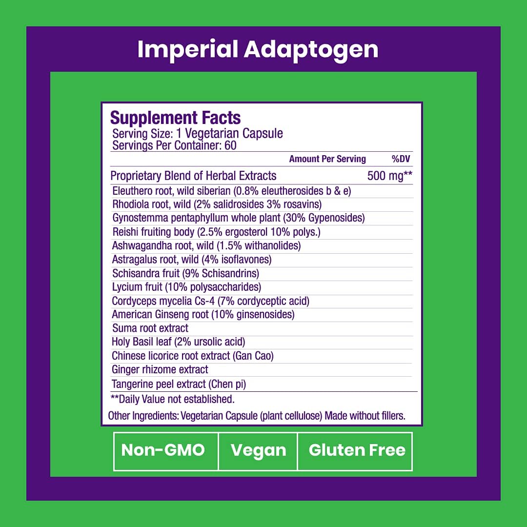 Paradise Herbs Imperial Adaptogens with Ashwagandha, Astragalus, Rhodiola - Stress Support, Focus & Energy - 60ct