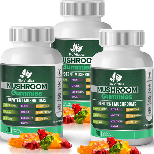 Parental BIO VITALICA Mushroom Gummies - Lions Mane & 10 Mushroom Blend Supplement for Adults - Reishi, Chaga, Cordyceps, Turkey Tail & More