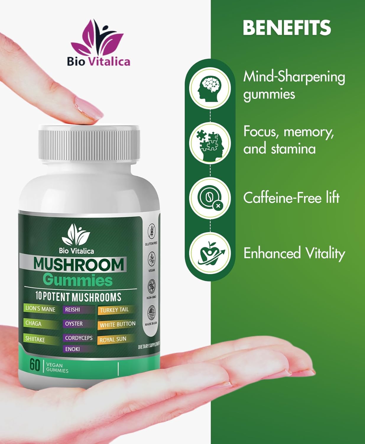 Parental BIO VITALICA Mushroom Gummies - Lions Mane & 10 Mushroom Blend Supplement for Adults - Reishi, Chaga, Cordyceps, Turkey Tail & More