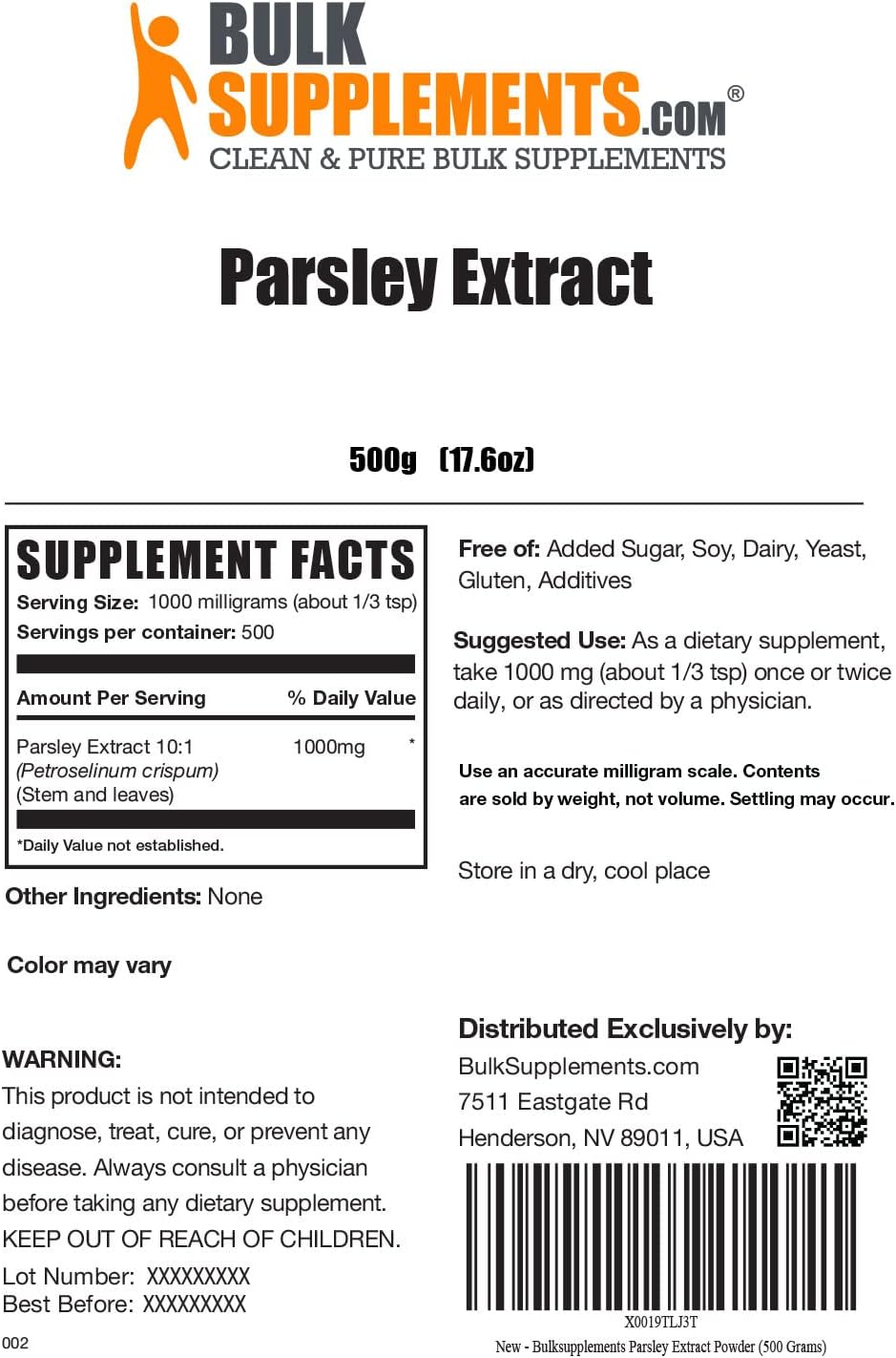 Parsley Extract Powder - Antioxidant Source, Gluten Free Supplement - 1000mg per Serving, 500g (1.1 lbs) - BulkSupplements.com