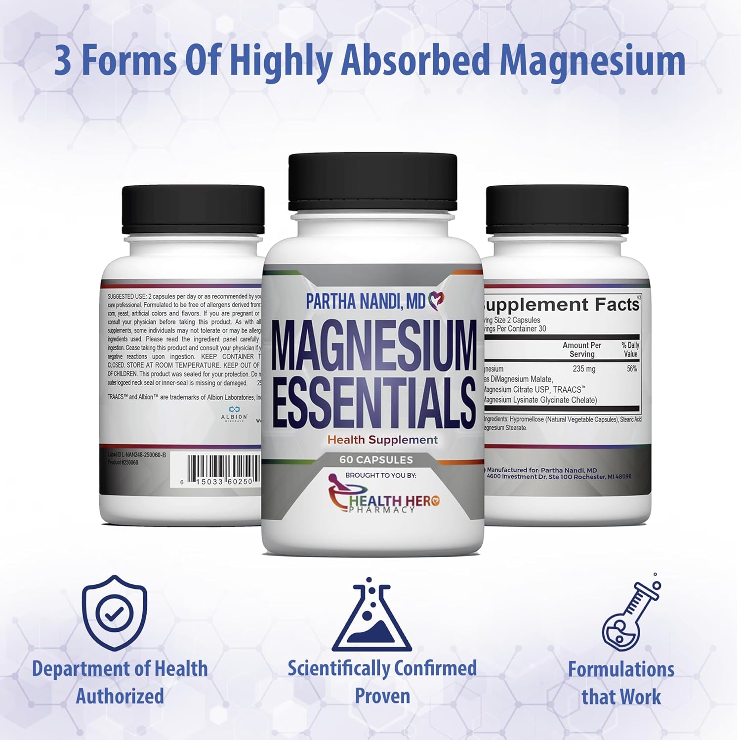 Partha Nandi, MD Triple Magnesium Complex - 60 Capsules - High Absorption Forms - 235 mg - Magnesium Supplement for Sleep - Broad Spectrum Magnesium Capsules