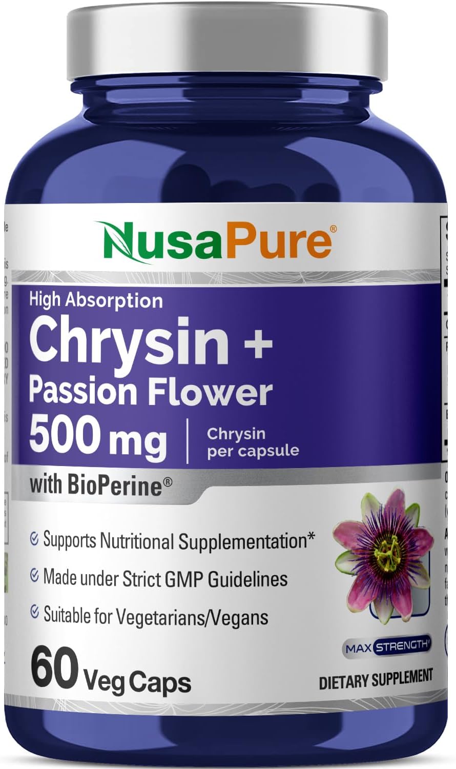 Passion Flower Complex 500mg Supplement with Chrysin | 60 Veggie Capsules | Non-GMO Extract with BioPerine | 5, 7-Dihydroxyflavone | Concentrated Formula