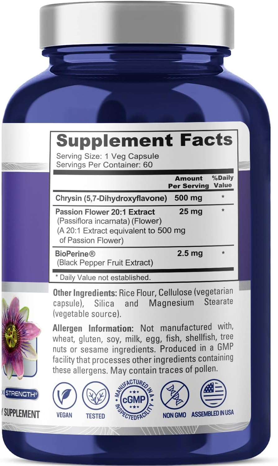 Passion Flower Complex 500mg Supplement with Chrysin | 60 Veggie Capsules | Non-GMO Extract with BioPerine | 5, 7-Dihydroxyflavone | Concentrated Formula