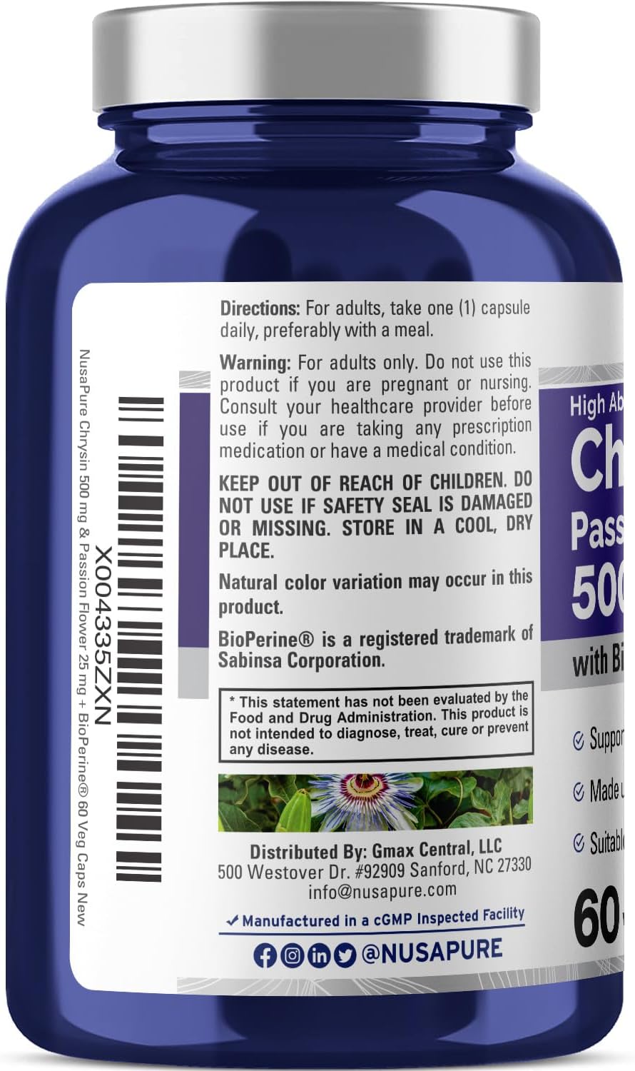 Passion Flower Complex 500mg Supplement with Chrysin | 60 Veggie Capsules | Non-GMO Extract with BioPerine | 5, 7-Dihydroxyflavone | Concentrated Formula