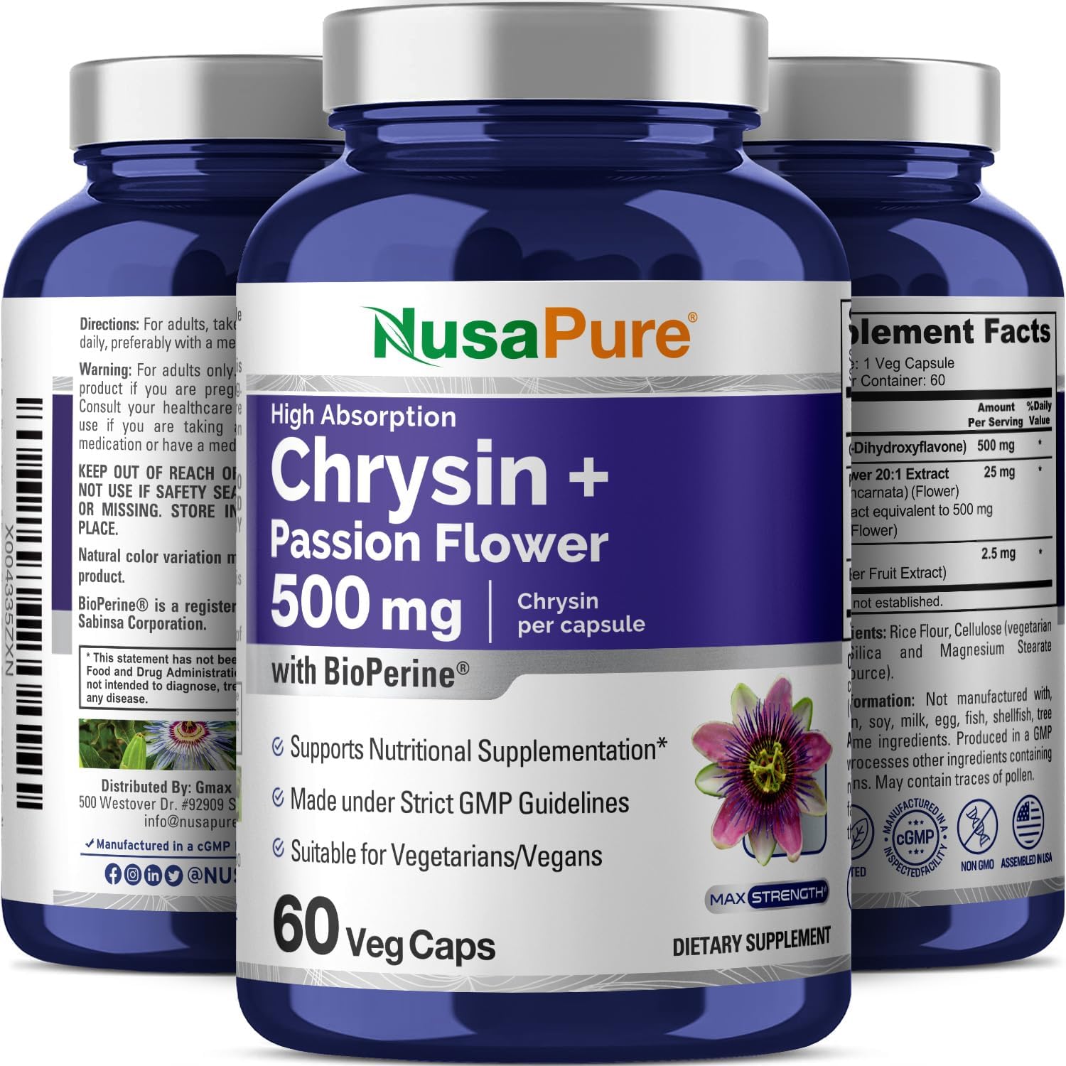 Passion Flower Complex 500mg Supplement with Chrysin | 60 Veggie Capsules | Non-GMO Extract with BioPerine | 5, 7-Dihydroxyflavone | Concentrated Formula